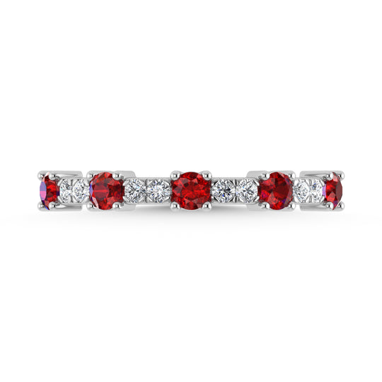 14K White Gold Diamond 5/8 ct. Two. Alternative Diamond and Ruby Stackable Band