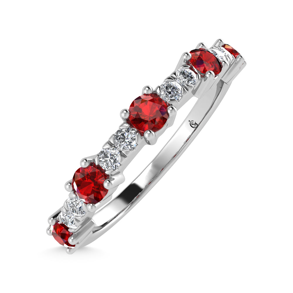 14K White Gold Diamond 5/8 ct. Two. Alternative Diamond and Ruby Stackable Band
