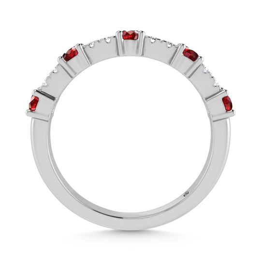 14K White Gold Diamond 5/8 ct. Two. Alternative Diamond and Ruby Stackable Band