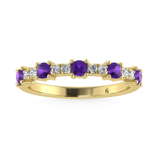 Diamante de oro amarillo de 14 quilates de 1/2 qt. Dos. Alianza apilable alternativa de diamantes y amatistas