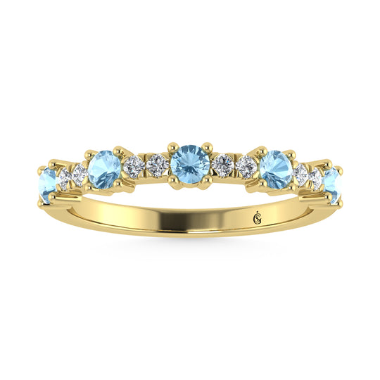 Diamante de oro amarillo de 14 quilates de 3/8 qt. Dos. Banda apilable alternativa de diamantes y aguamarina