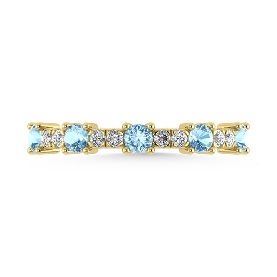 Diamante de oro amarillo de 14 quilates de 3/8 qt. Dos. Banda apilable alternativa de diamantes y aguamarina