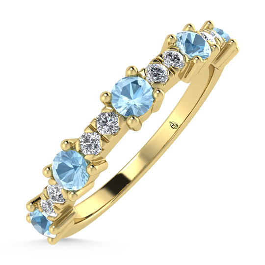 Diamante de oro amarillo de 14 quilates de 3/8 qt. Dos. Banda apilable alternativa de diamantes y aguamarina