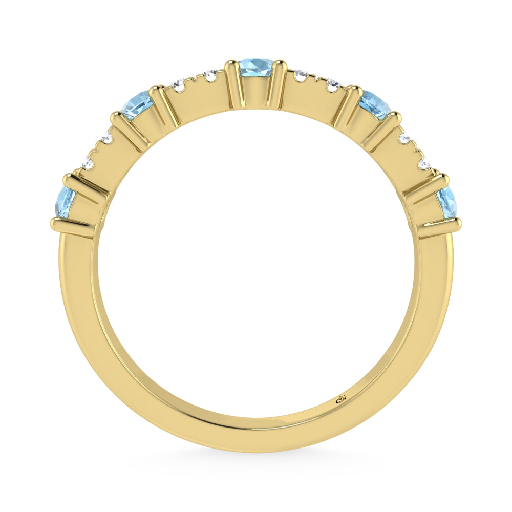 Diamante de oro amarillo de 14 quilates de 3/8 qt. Dos. Banda apilable alternativa de diamantes y aguamarina