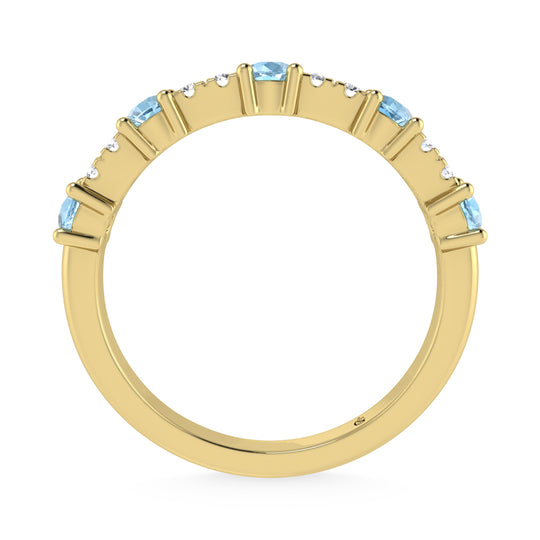 Diamante de oro amarillo de 14 quilates de 3/8 qt. Dos. Banda apilable alternativa de diamantes y aguamarina