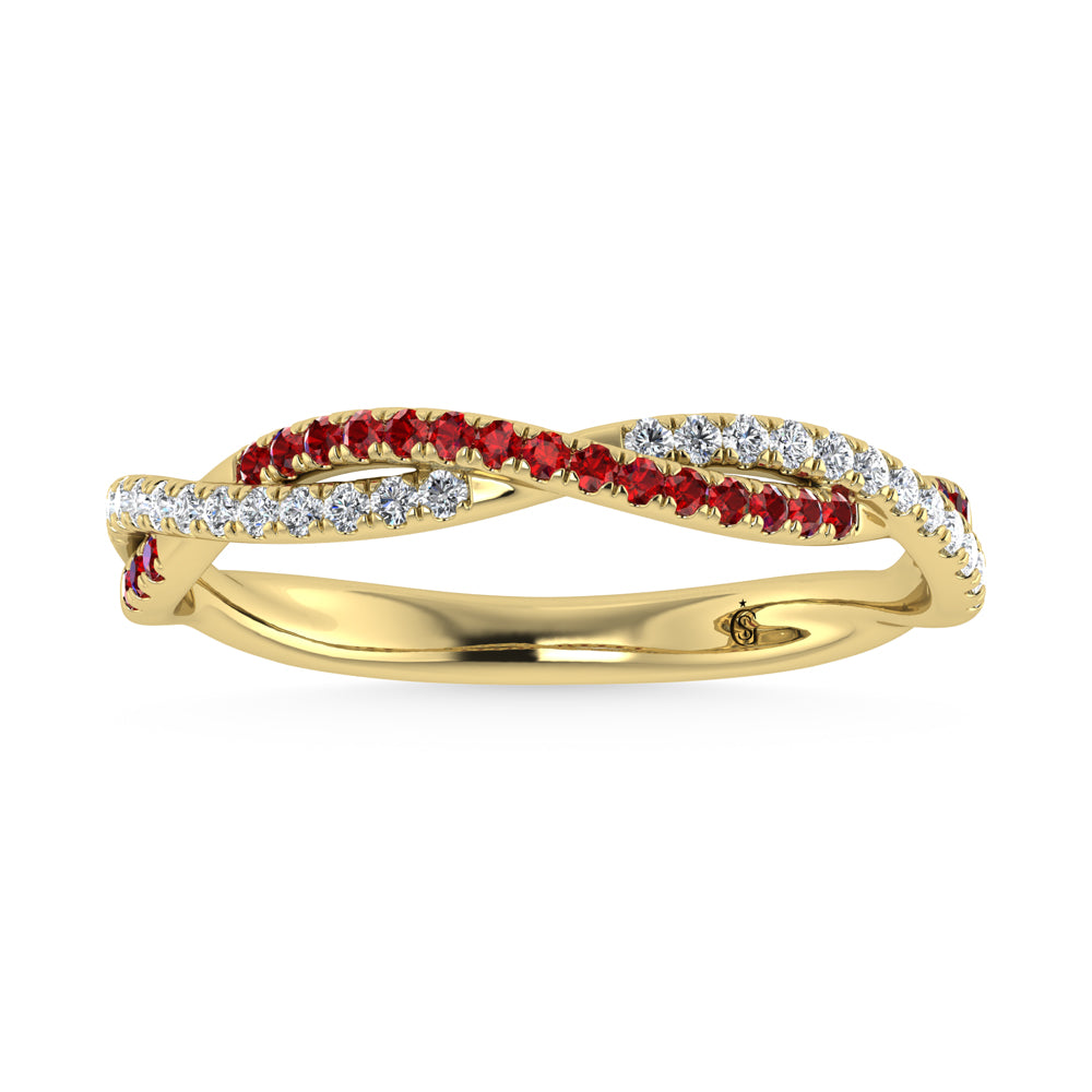 Diamante de oro amarillo de 14 quilates de 1/4 qt. Dos. Banda de diamantes y rub√≠es