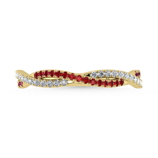 Diamante de oro amarillo de 14 quilates de 1/4 qt. Dos. Banda de diamantes y rub√≠es