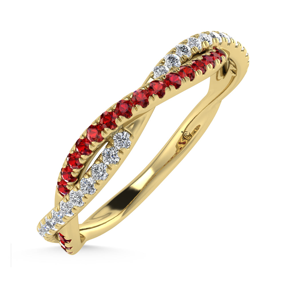 Diamante de oro amarillo de 14 quilates de 1/4 qt. Dos. Banda de diamantes y rub√≠es