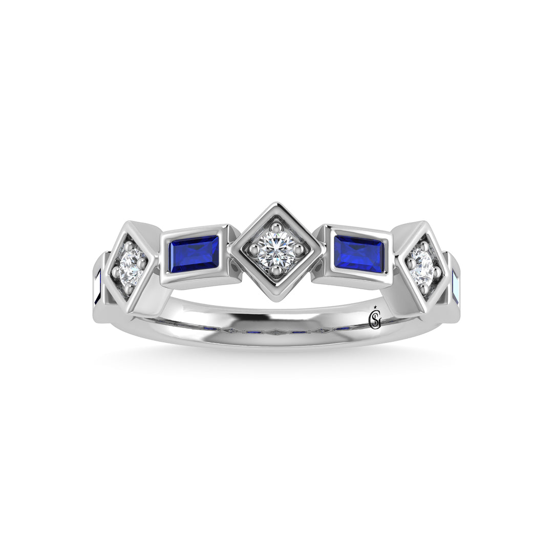 14K white gold, 7/8 ct. tw. blue sapphire and diamond. Stackable band.