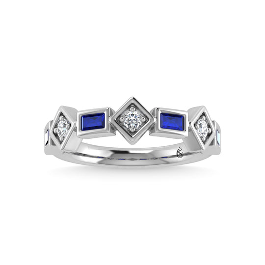 14K white gold, 7/8 ct. tw. blue sapphire and diamond. Stackable band.