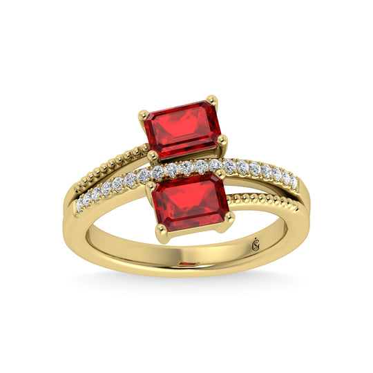 14K yellow gold, 1 3/8 carat total diamond and ruby. Stackable band