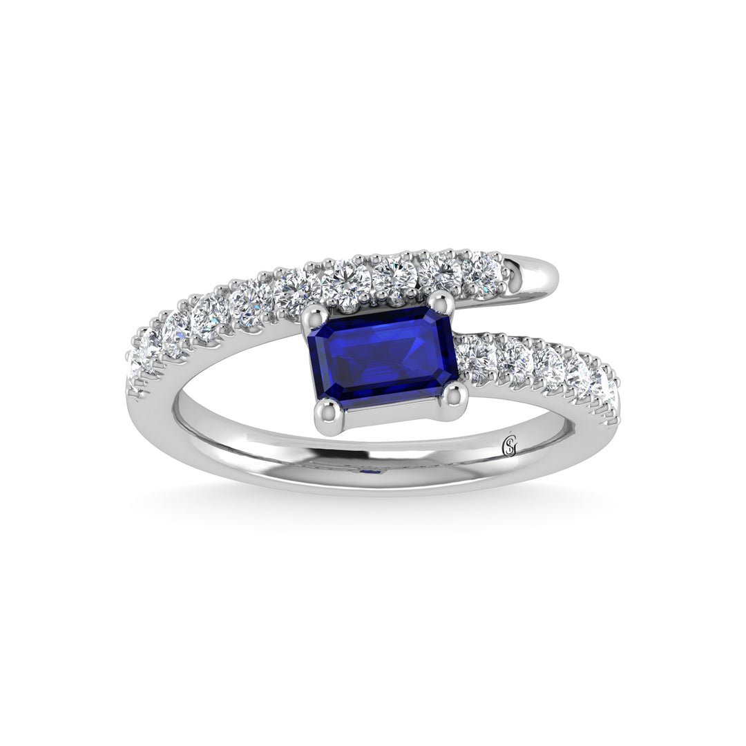 14K white gold, 1 1/6 carat total diamond and blue sapphire. Stackable band.