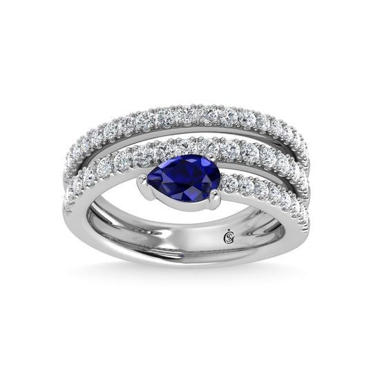 14K white gold, 1 3/8 carat total diamond and blue sapphire fashion ring