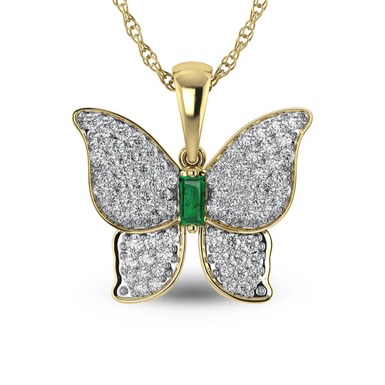 3/4 ct. 14K Yellow Gold Diamond &amp; Emerald Butterfly Pendant