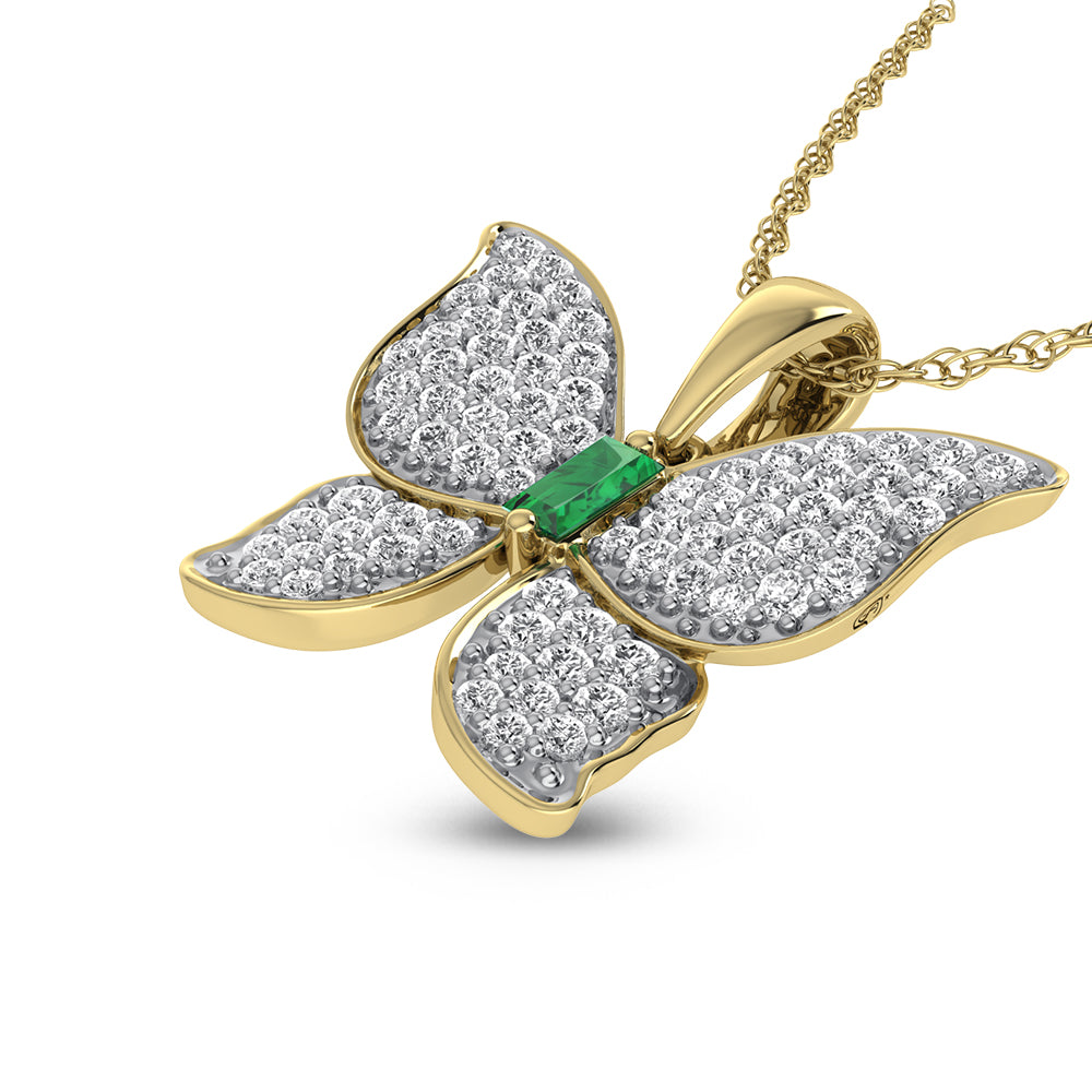 3/4 ct. 14K Yellow Gold Diamond &amp; Emerald Butterfly Pendant