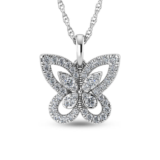 3/8 carat total diamond in 14k white gold. Butterfly pendant