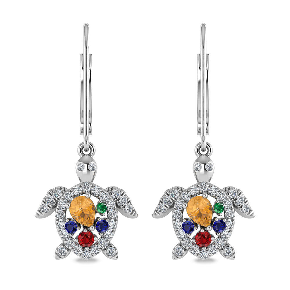 Diamante en oro blanco de 14 quilates, 7/8 quilates total. Pendientes de tortuga colgantes multipiedra