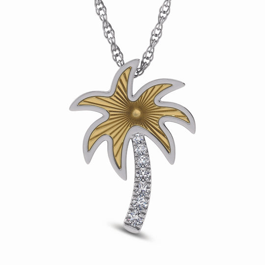 14K Two-Tone Diamond Palm Tree Pendant, 1/10 Carat Total