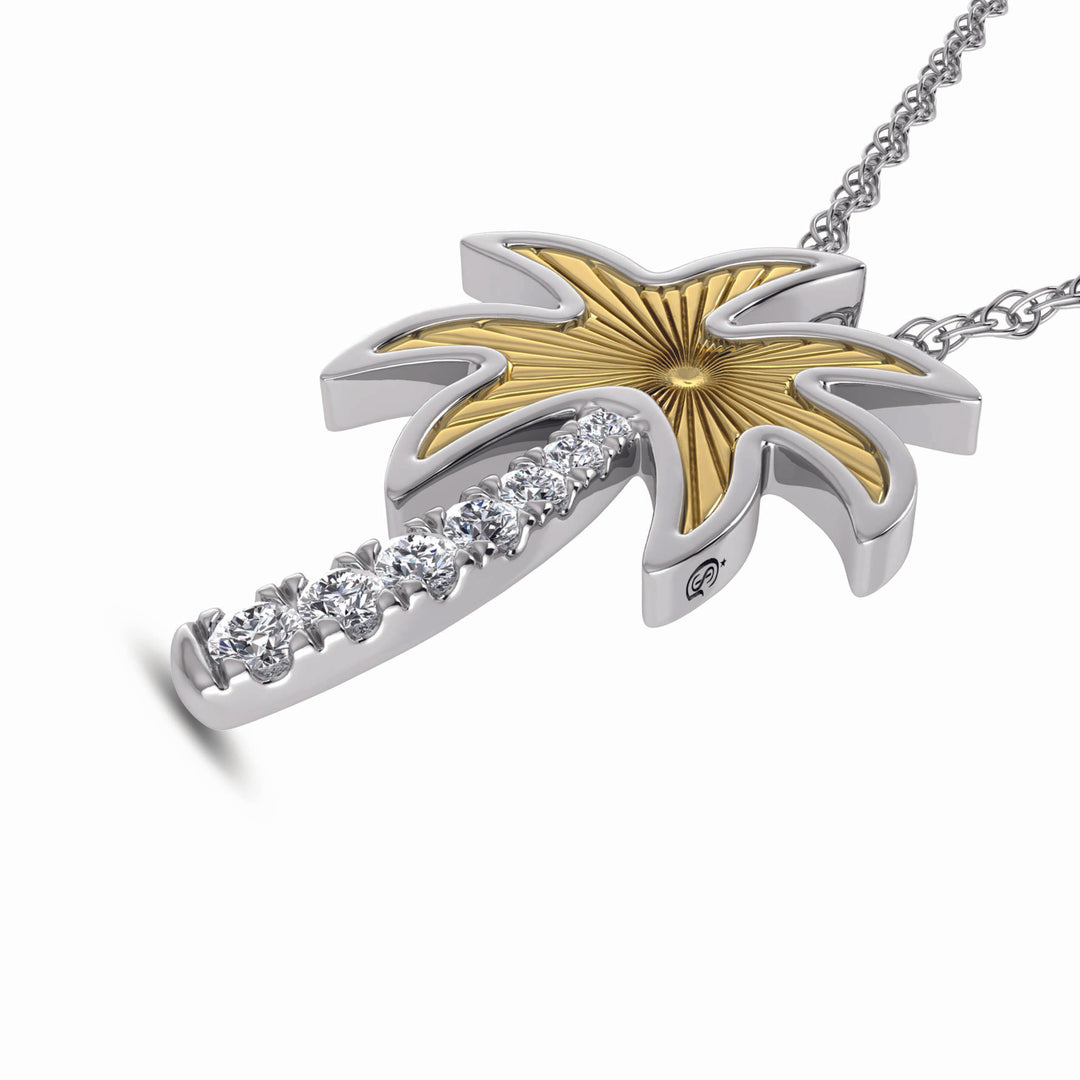 14K Two-Tone Diamond Palm Tree Pendant, 1/10 Carat Total
