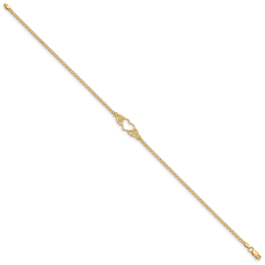 Tobillera de Oro Amarillo de 14K de 10 Pulgadas con Corazón Pulido y Cierre de Langosta