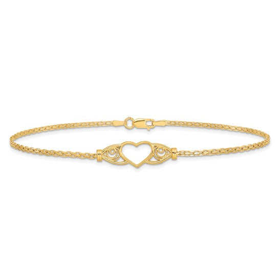 Tobillera de Oro Amarillo de 14K de 10 Pulgadas con Corazón Pulido y Cierre de Langosta