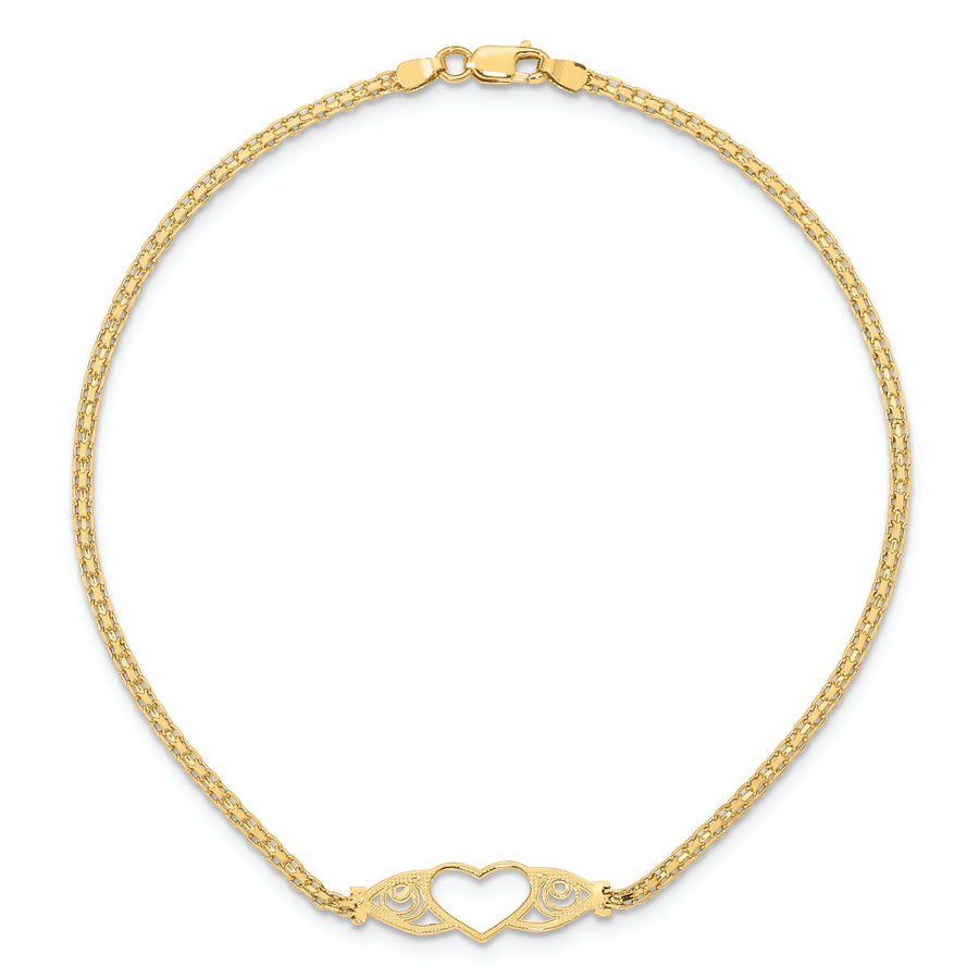 Tobillera de Oro Amarillo de 14K de 10 Pulgadas con Corazón Pulido y Cierre de Langosta