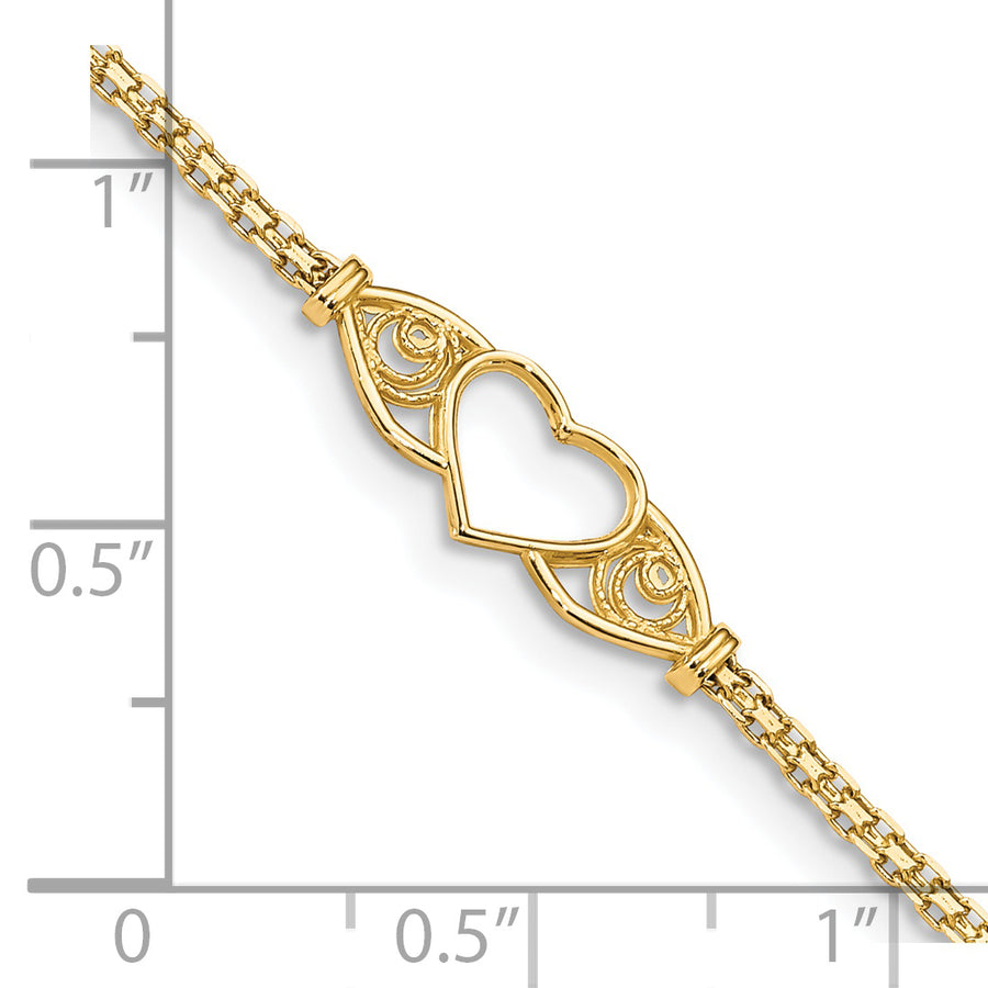 Tobillera de Oro Amarillo de 14K de 10 Pulgadas con Corazón Pulido y Cierre de Langosta