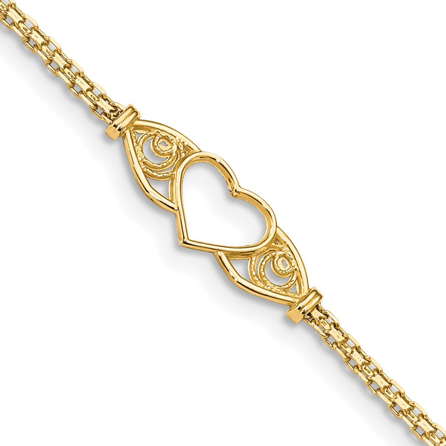 Tobillera de Oro Amarillo de 14K de 10 Pulgadas con Corazón Pulido y Cierre de Langosta