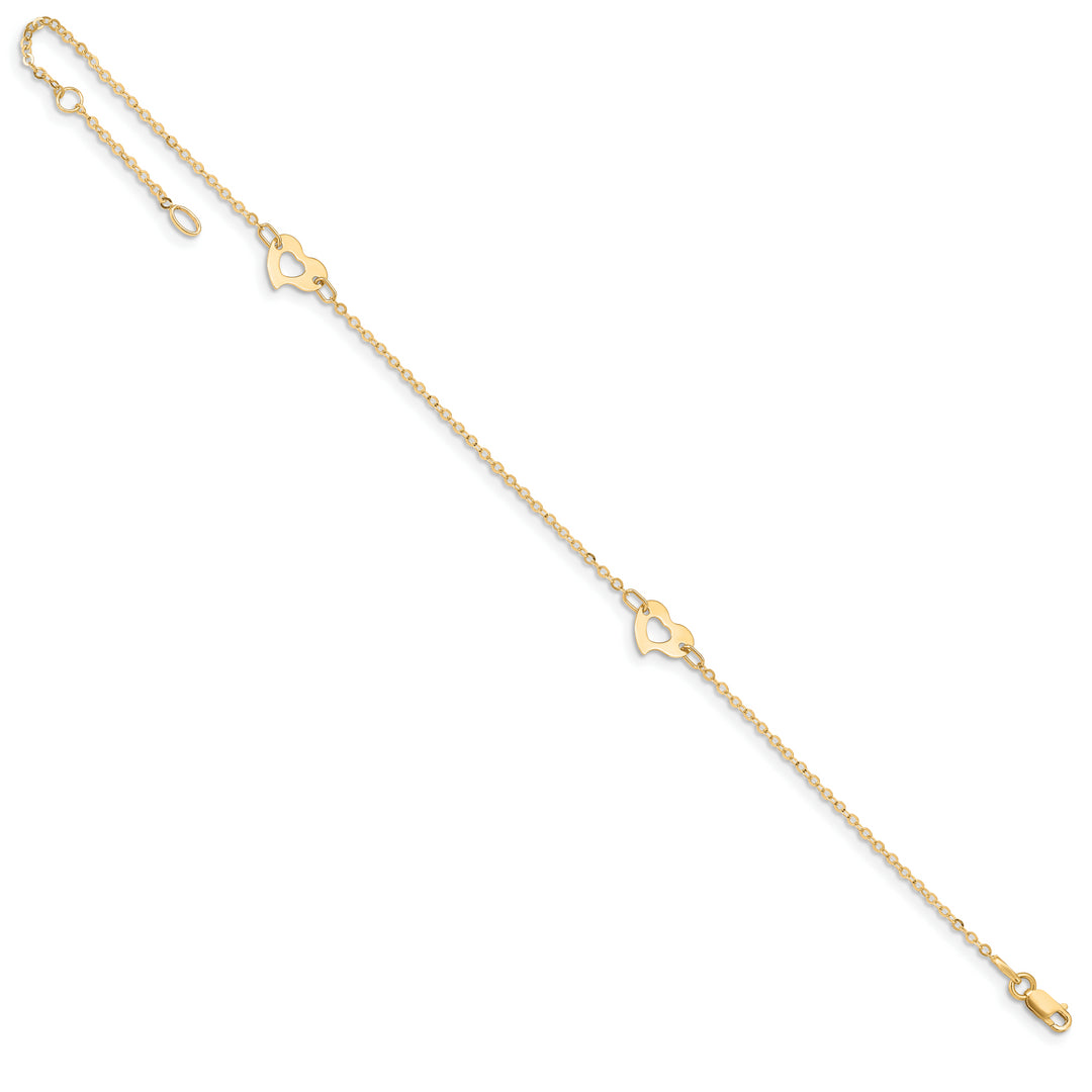 Tobillera de Corazón Pulido de Oro Amarillo de 14K de 9 Pulgadas + Extensor de 1 Pulgada