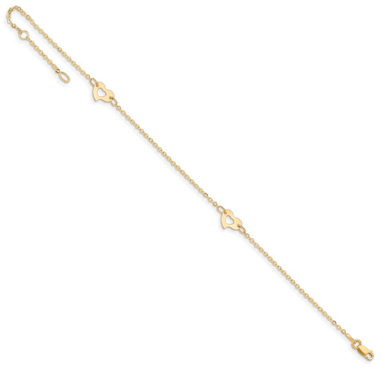 Tobillera de Corazón Pulido de Oro Amarillo de 14K de 9 Pulgadas + Extensor de 1 Pulgada