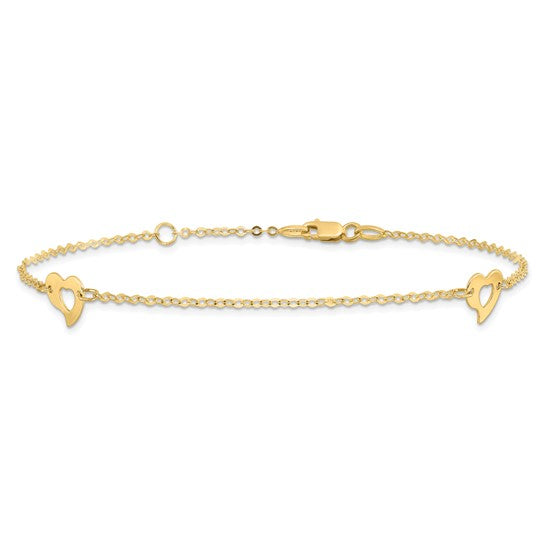 Tobillera de Corazón Pulido de Oro Amarillo de 14K de 9 Pulgadas + Extensor de 1 Pulgada