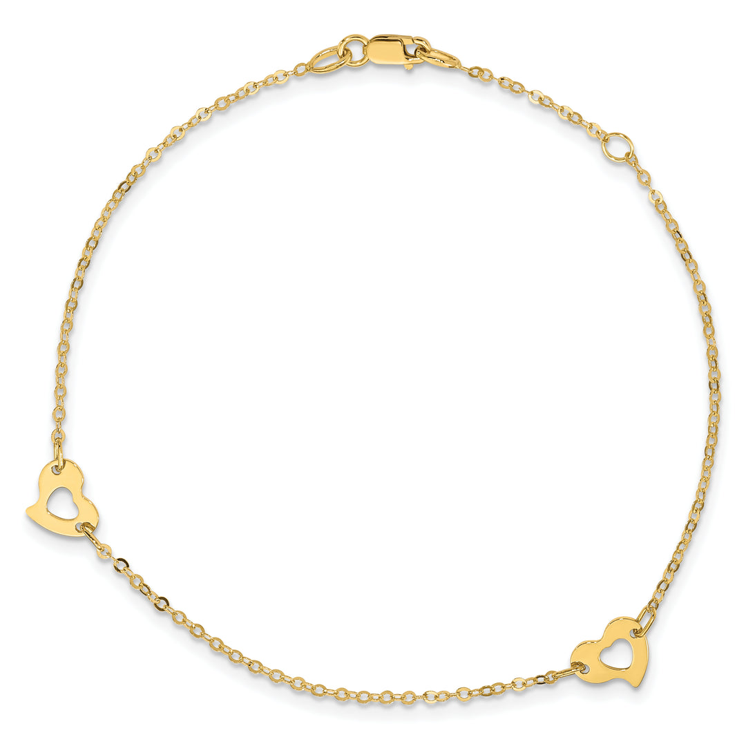 Tobillera de Corazón Pulido de Oro Amarillo de 14K de 9 Pulgadas + Extensor de 1 Pulgada