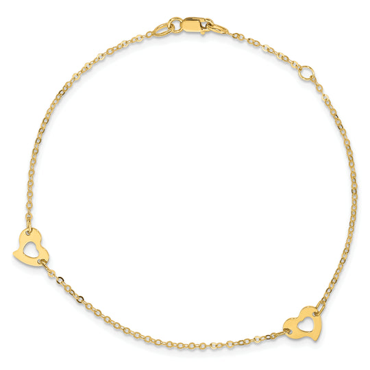 Tobillera de Corazón Pulido de Oro Amarillo de 14K de 9 Pulgadas + Extensor de 1 Pulgada