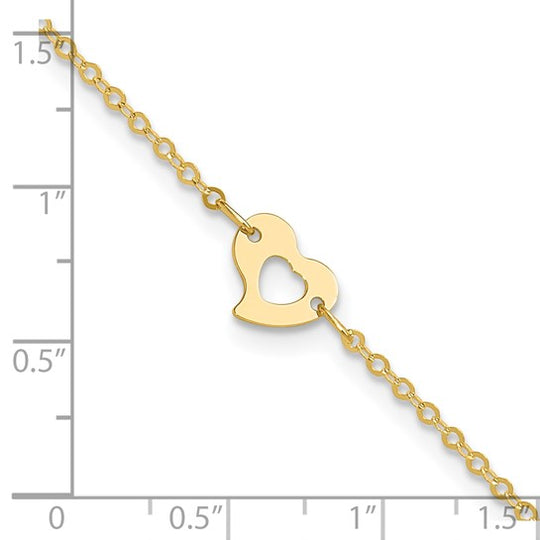 Tobillera de Corazón Pulido de Oro Amarillo de 14K de 9 Pulgadas + Extensor de 1 Pulgada