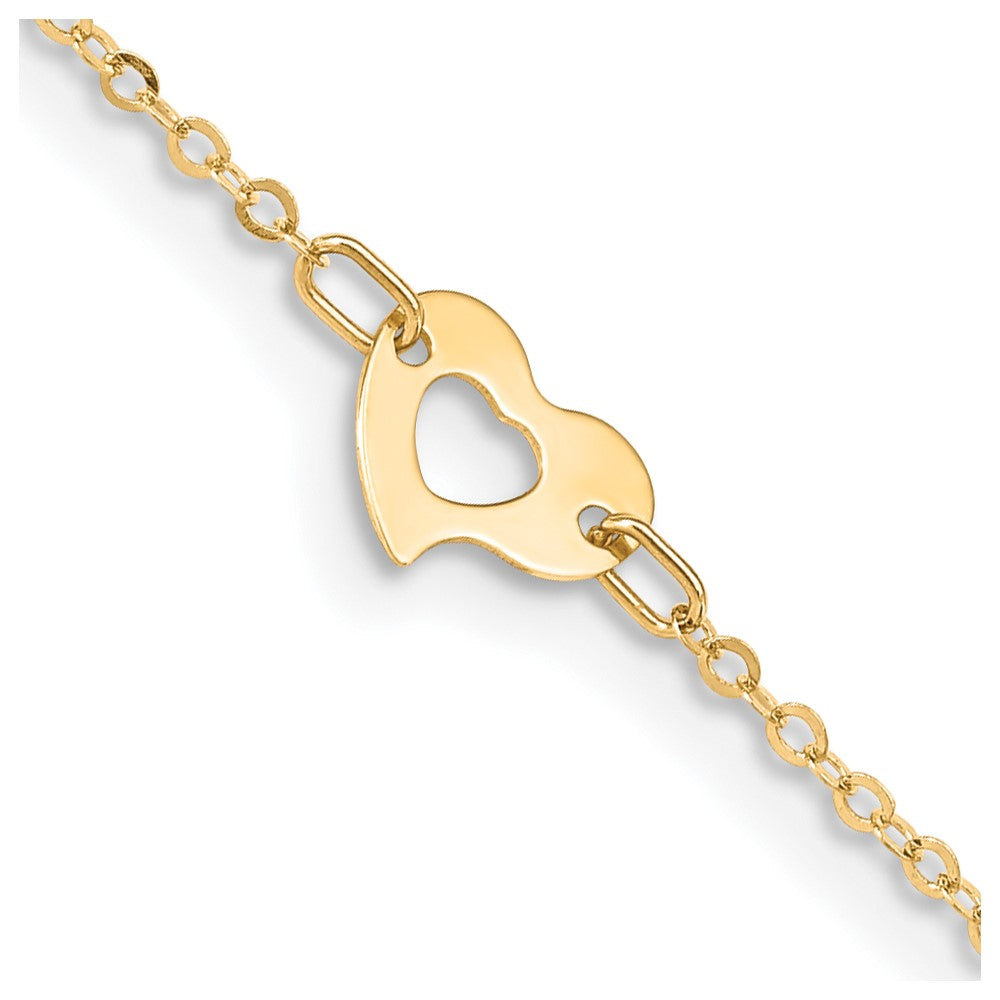 Tobillera de Corazón Pulido de Oro Amarillo de 14K de 9 Pulgadas + Extensor de 1 Pulgada