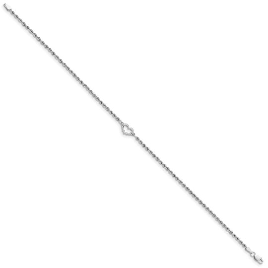 Tobillera de Oro Blanco de 14K con Corazón y Cadena de Cuerda con Corte Diamante de 10 Pulgadas