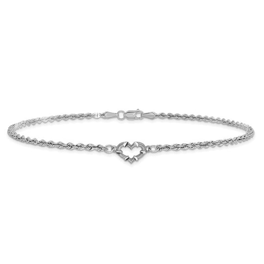 Tobillera de Oro Blanco de 14K con Corazón y Cadena de Cuerda con Corte Diamante de 10 Pulgadas