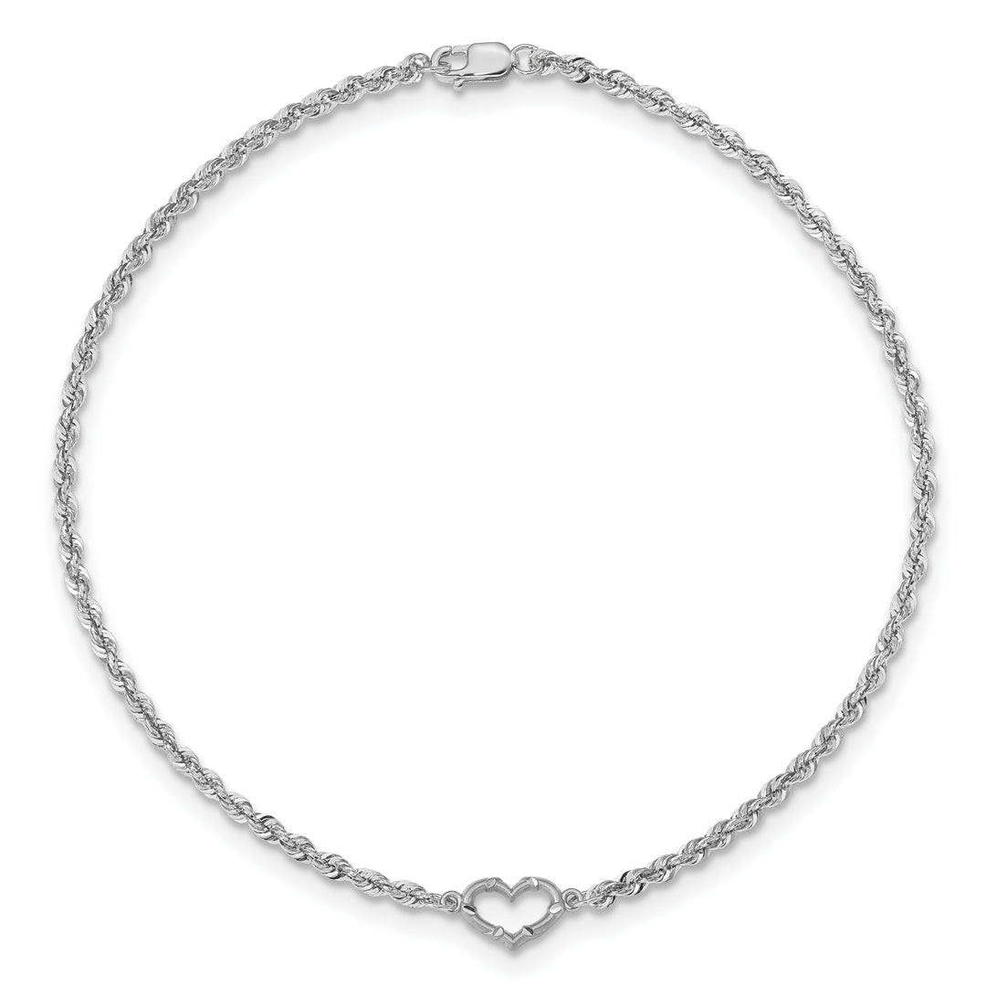 Tobillera de Oro Blanco de 14K con Corazón y Cadena de Cuerda con Corte Diamante de 10 Pulgadas