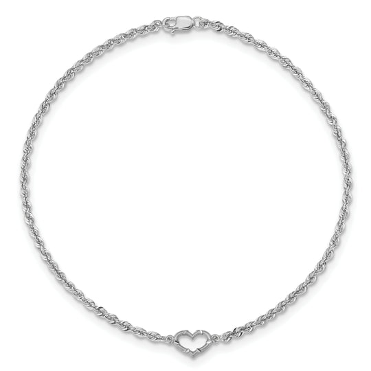 Tobillera de Oro Blanco de 14K con Corazón y Cadena de Cuerda con Corte Diamante de 10 Pulgadas