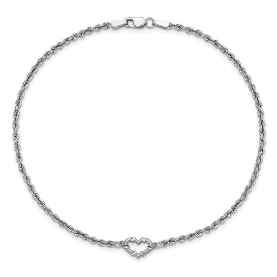 Tobillera de Oro Blanco de 14K con Cadena de Cuerda Hueca Cortada en Diamante y Corazón de 9 Pulgadas