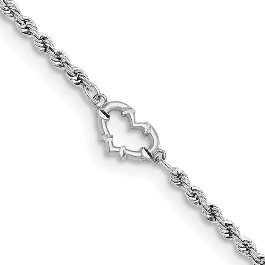 Tobillera de Oro Blanco de 14K con Corazón y Cadena de Cuerda con Corte Diamante de 10 Pulgadas