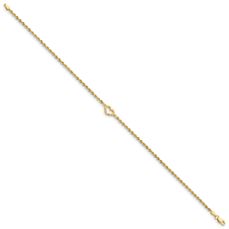 Tobillera de 14K de Oro Amarillo con Diseño de Corazón Abierto Cortado con Diamante y Cadena de Cuerda