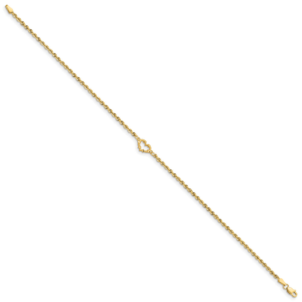 Tobillera de 14K Oro Amarillo con Corazones Abiertos de Corte Diamante y Cadena Tipo Cuerda de 9 Pulgadas