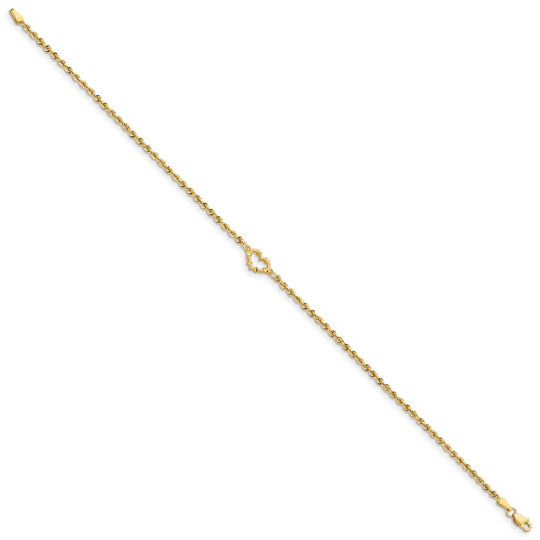 Tobillera de 14K Oro Amarillo con Corazones Abiertos de Corte Diamante y Cadena Tipo Cuerda de 9 Pulgadas