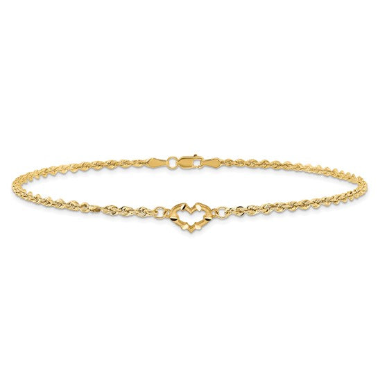 Tobillera de 14K de Oro Amarillo con Diseño de Corazón Abierto Cortado con Diamante y Cadena de Cuerda
