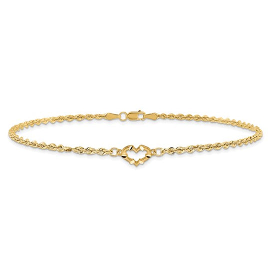 Tobillera de 14K de Oro Amarillo con Diseño de Corazón Abierto Cortado con Diamante y Cadena de Cuerda