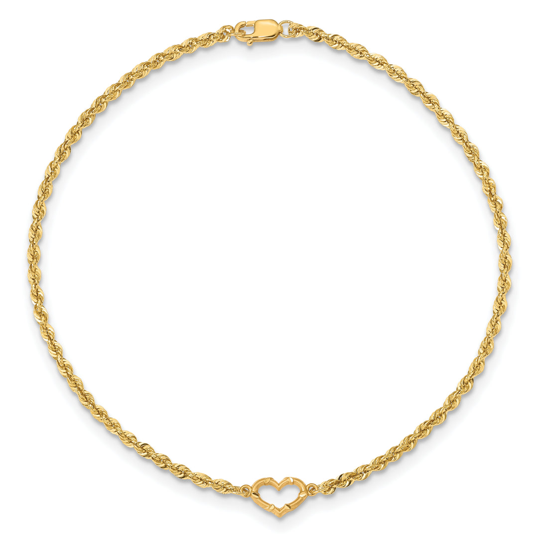 Tobillera de 14K de Oro Amarillo con Diseño de Corazón Abierto Cortado con Diamante y Cadena de Cuerda