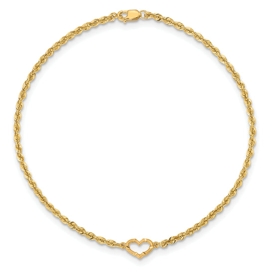 Tobillera de 14K Oro Amarillo con Corazones Abiertos de Corte Diamante y Cadena Tipo Cuerda de 9 Pulgadas