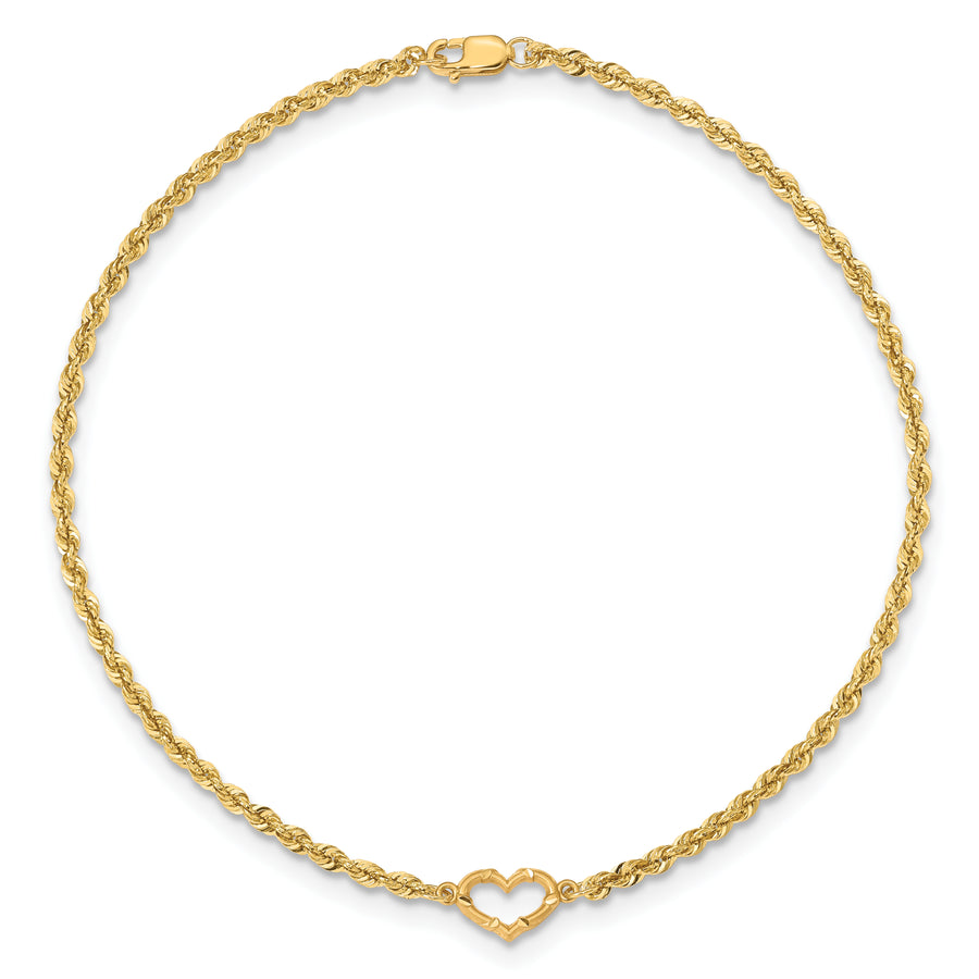 Tobillera de 14K Oro Amarillo con Corazones Abiertos de Corte Diamante y Cadena Tipo Cuerda de 9 Pulgadas