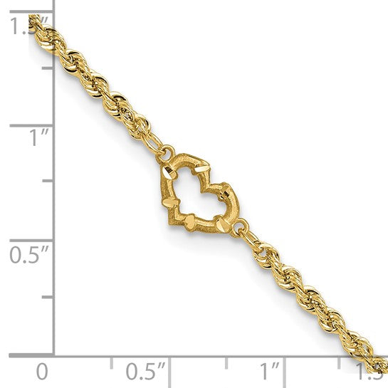 Tobillera de 14K de Oro Amarillo con Diseño de Corazón Abierto Cortado con Diamante y Cadena de Cuerda